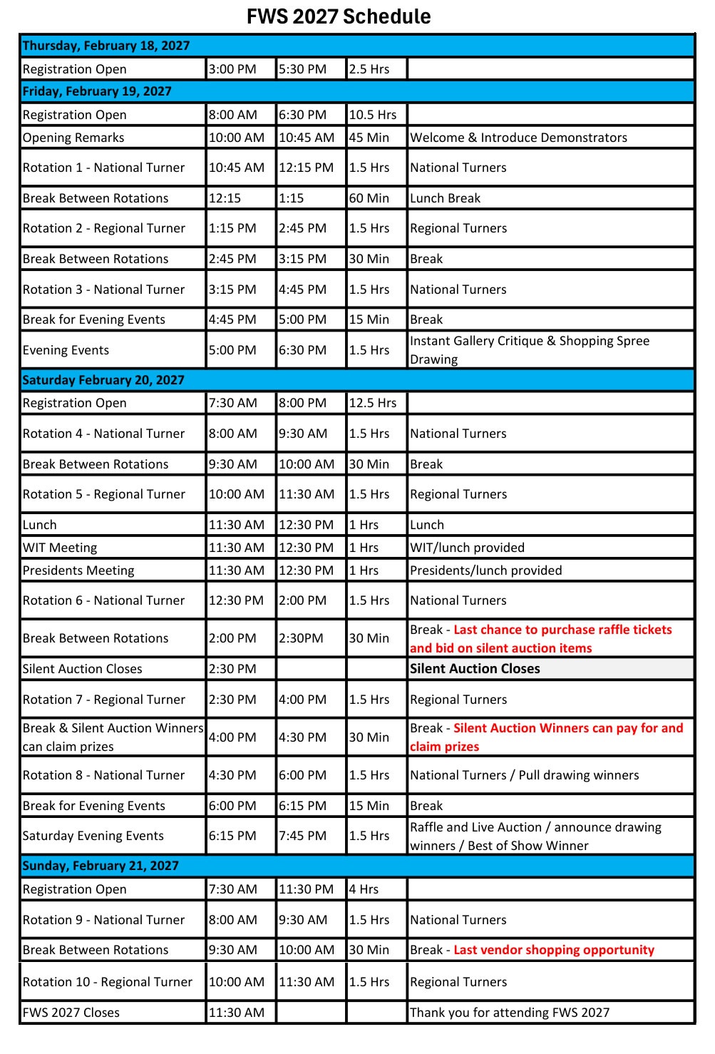 FWS 2027 General Schedule